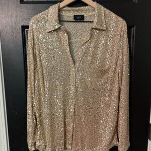 NWOT Vici Oversized Sequin Button Down Top Gold Small